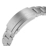 Close-up of the Breitling Avenger Automatic 42’s stainless steel clasp and bracelet, showcasing an engraved logo, brushed metal finish, and military-inspired design elements.