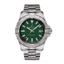 The Breitling Avenger Automatic 42 watch features a stainless steel case, military green dial with silver hour markers, and a date window at 3 o’clock. Shown on a white background, this water-resistant timepiece blends style and durability.