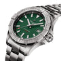 The Breitling Avenger Automatic 42 is a stainless steel watch featuring a military green dial, silver hour markers, date at 3 o’clock, and a water-resistant metal link bracelet.