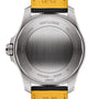 Back view of the Breitling Avenger Automatic GMT 44, featuring a stainless steel case, engraved details, model number A32320, 300M water resistance, and a military grade leather strap.