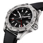 A close-up of the Breitling Avenger Automatic GMT 44 wristwatch featuring a black dial, date display, and a durable military-grade leather strap.