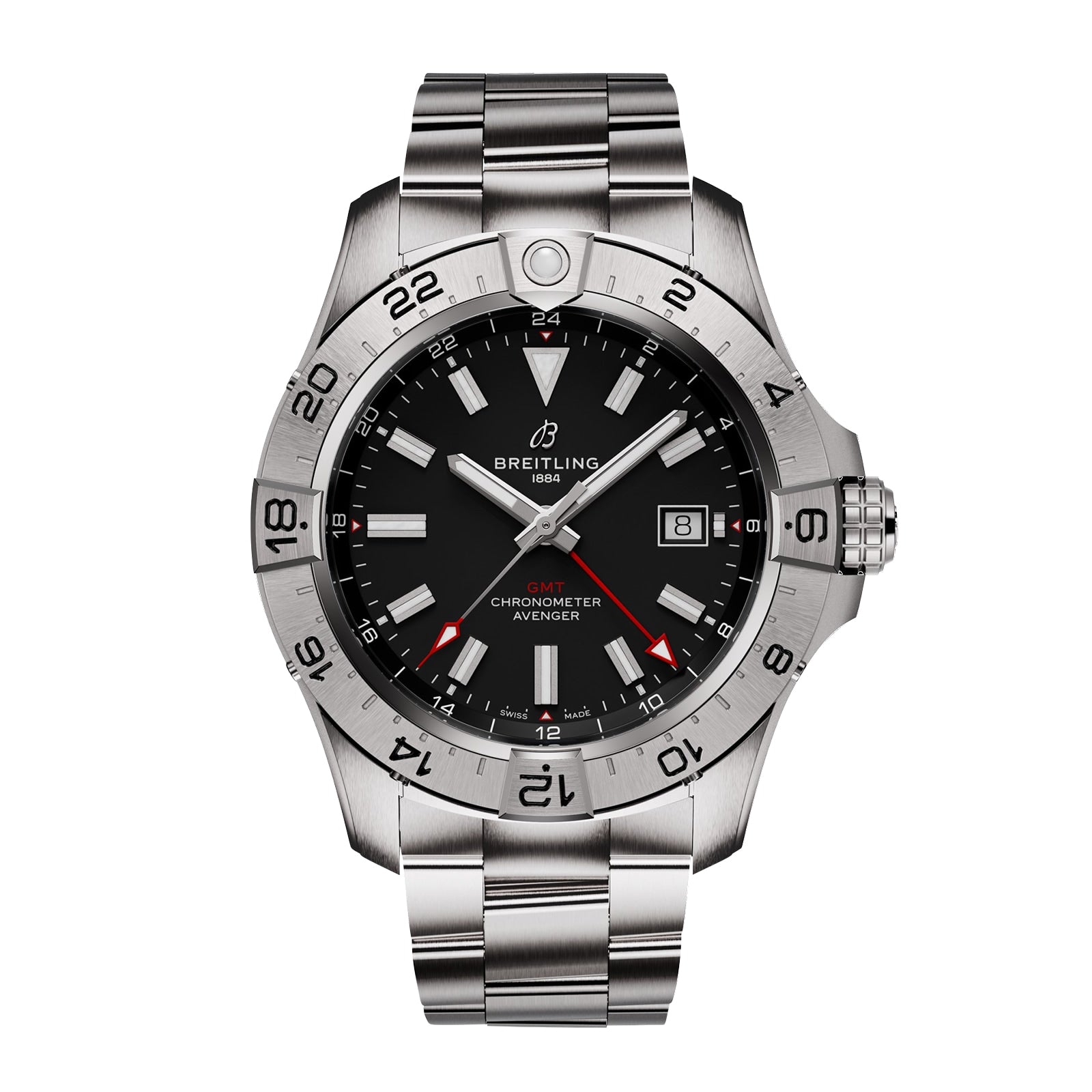 The Breitling Avenger Automatic GMT 44 features a stainless steel case, black dial, silver hour markers, date window at 3 o’clock, and a metal link bracelet.