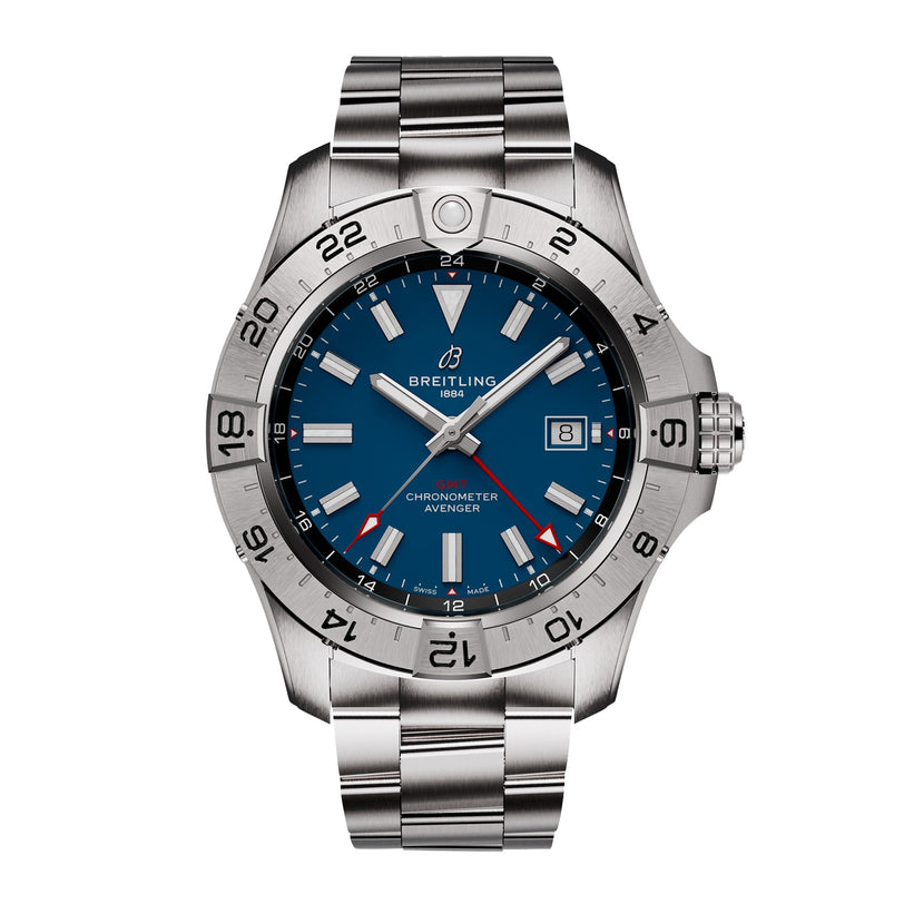 Breitling Avenger Automatic GMT 44 wristwatch in stainless steel with blue dial, date at 3 o’clock, silver bezel, metal bracelet, and water resistance.