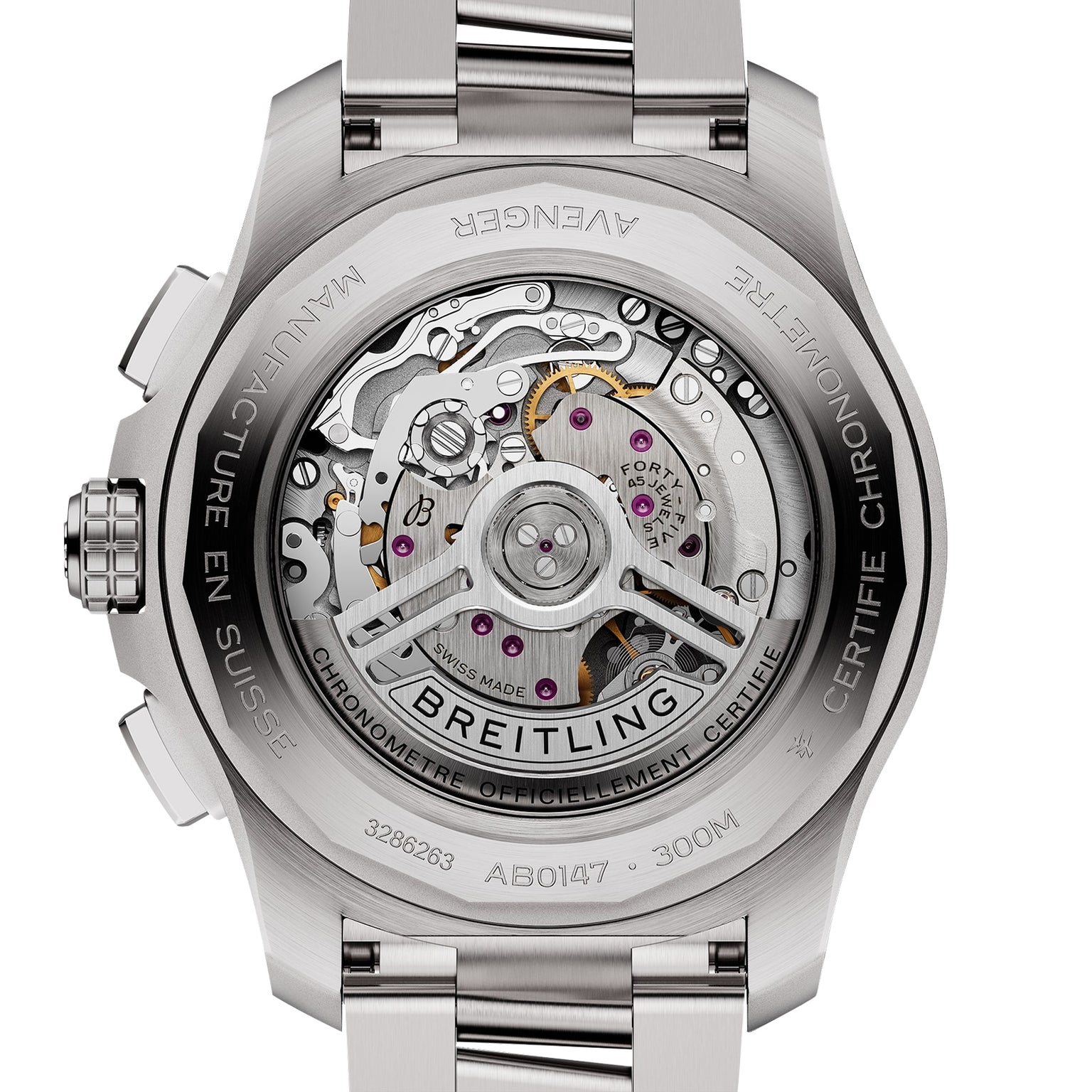 Close-up of the back of the Breitling Avenger B01 Chronograph 44, revealing its Breitling 01 calibre movement through a transparent case back with engraved details on this water-resistant timepiece.