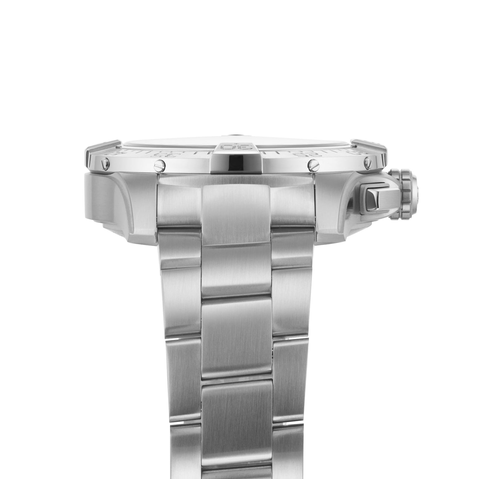 Side view of the Breitling Avenger B01 Chronograph 44, a stainless steel wristwatch with a metal link band and visible crown, photographed against a white background. This water resistant watch offers exceptional durability and style.