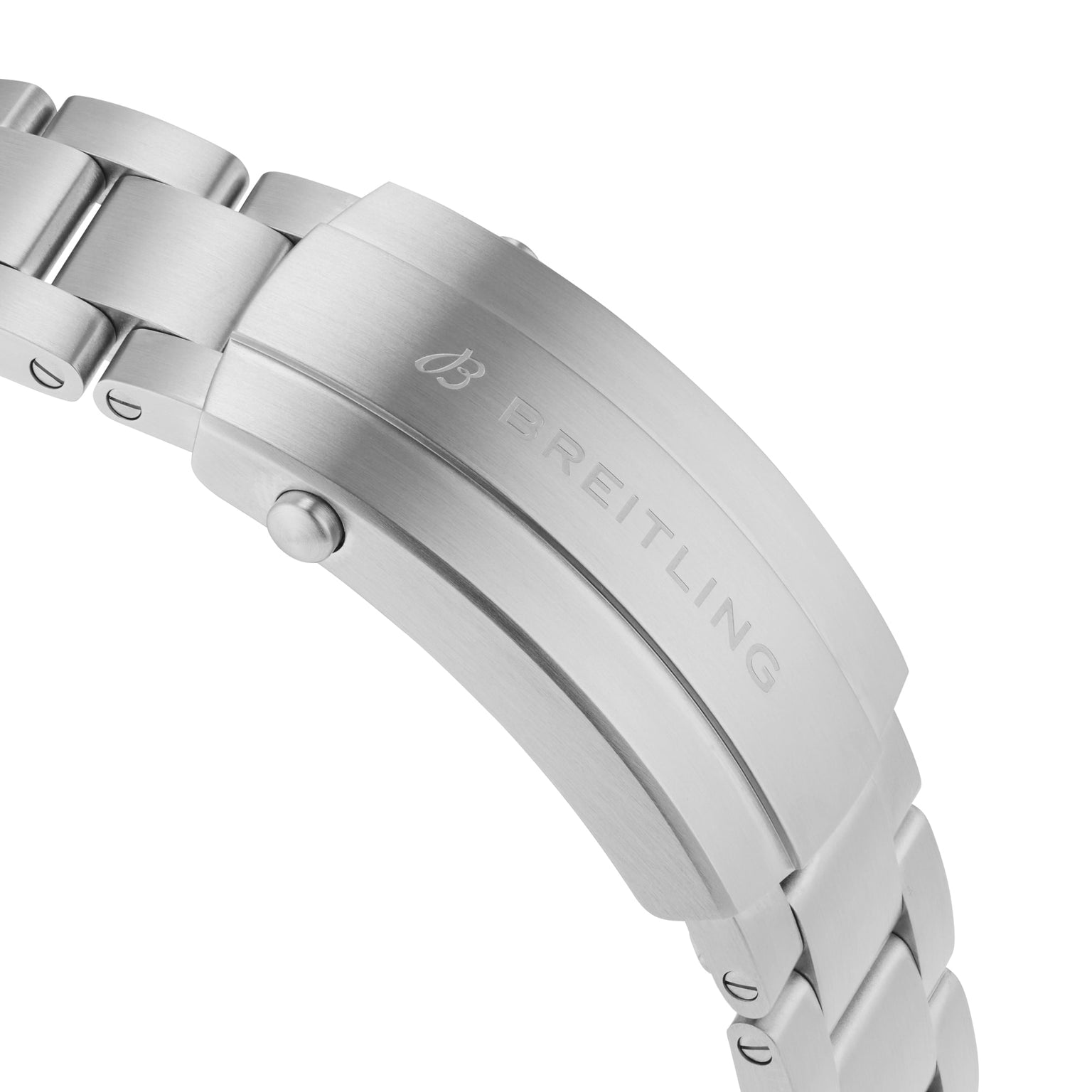 Close-up of the brushed metal clasp on the Breitling Avenger B01 Chronograph 44 bracelet, engraved with the Breitling logo and branding.