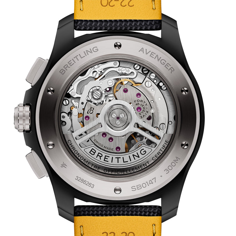 Close-up of the back of the Breitling Avenger B01 Chronograph 44 Night Mission, displaying its intricate Breitling 01 calibre movement through a transparent case back.