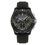 The Breitling Avenger B01 Chronograph 44 Night Mission Bloodhounds features a black case, grey dial with three subdials, yellow accents, and a black textured strap with yellow stitching—driven by the Manufacture Caliber 01.