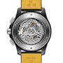 Close-up of the back of the Breitling Avenger B01 Chronograph 44 Night Mission Dust Devils, showing its exposed Manufacture Caliber 01 movement, engraved details, and a durable leather strap with size markings.