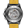 The back of the Breitling Avenger B01 Chronograph 44 Night Mission US Naval Academy showcases its exposed Manufacture Caliber 01 movement, engraved details, and yellow military leather strap.
