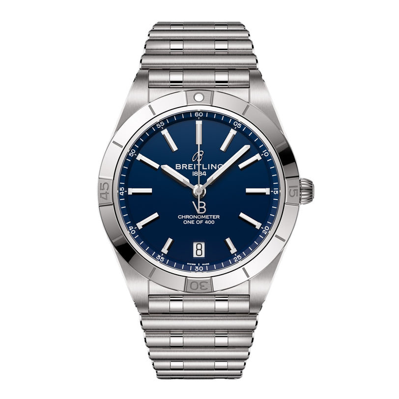 A stainless steel Breitling Chronomat Automatic 36 Victoria Beckham wristwatch featuring a blue dial, silver hour markers, date display at 6 o’clock, metal link bracelet, and “Chronometer One of 400” on the dial as a limited edition.
