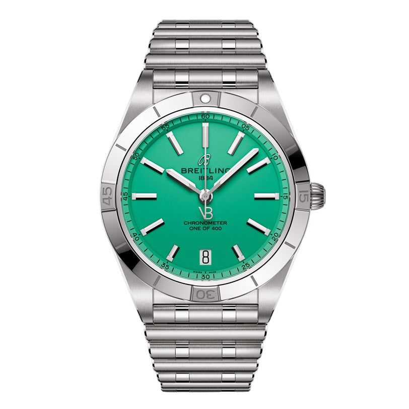 A Breitling Chronomat Automatic 36 Victoria Beckham watch with a silver case, green dial, and metal bracelet, displaying the time 10:08.