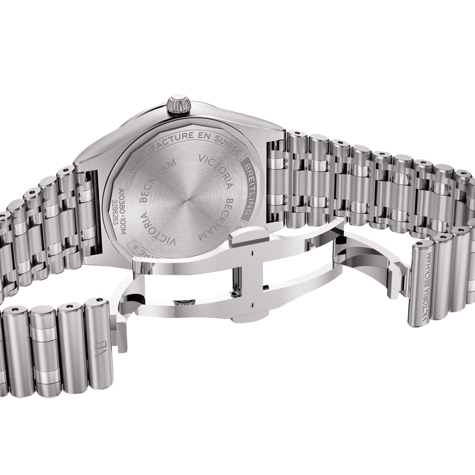 Back view of a silver Breitling Chronomat Automatic 36 Victoria Beckham wristwatch with an open metal clasp and engraved details.