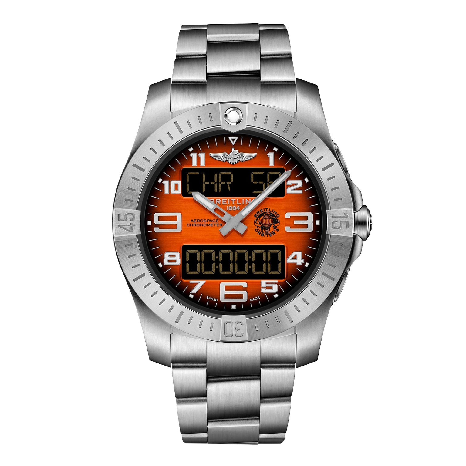 The Breitling Aerospace B70 Orbiter is a stainless steel wristwatch with an orange analog-digital display, silver bezel, metal link bracelet, and powered by the Breitling Manufacture Calibre B70 pilots chronograph movement.
