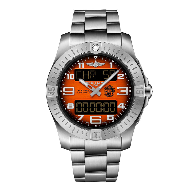 The Breitling Aerospace B70 Orbiter is a stainless steel wristwatch with an orange analog-digital display, silver bezel, metal link bracelet, and powered by the Breitling Manufacture Calibre B70 pilots chronograph movement.