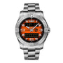 The Breitling Aerospace B70 Orbiter is a stainless steel wristwatch with an orange analog-digital display, silver bezel, metal link bracelet, and powered by the Breitling Manufacture Calibre B70 pilots chronograph movement.