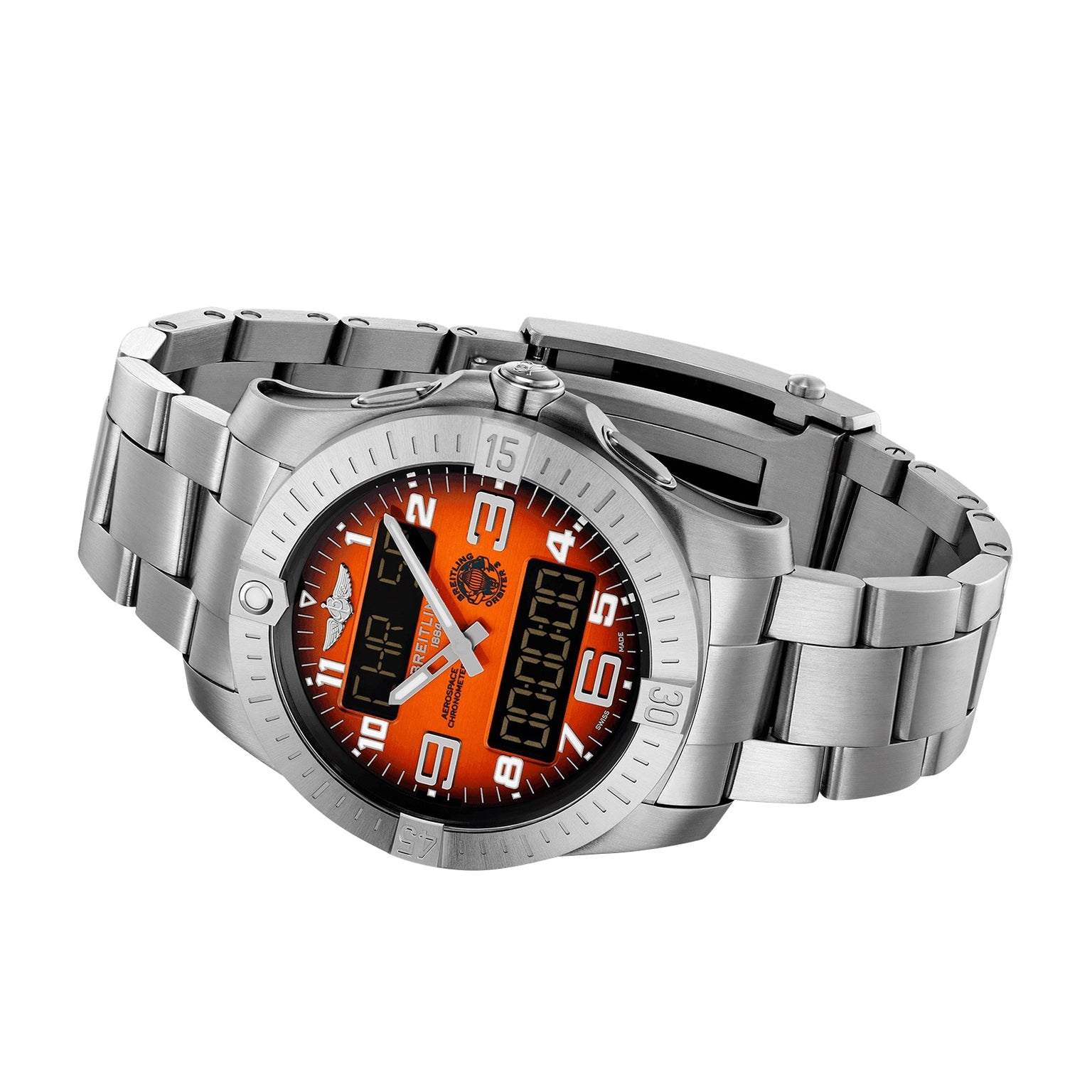 The Breitling Aerospace B70 Orbiter is a stainless steel wristwatch featuring an orange dial, analog hands, digital displays, and a metal link bracelet, inspired by Breitling’s iconic pilots chronograph; pictured at an angle on white.