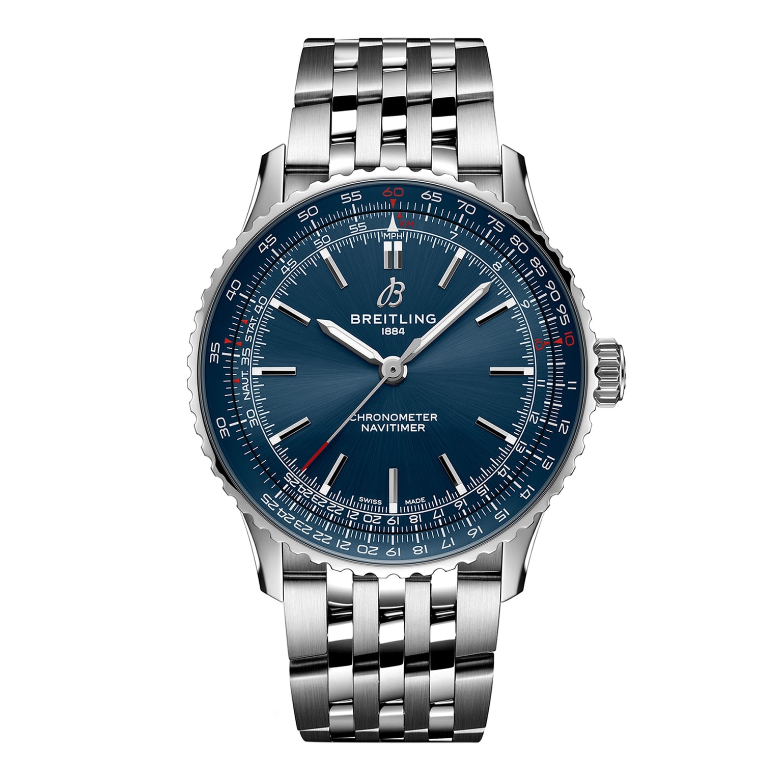 The Breitling Navitimer Automatic 41 is a stainless steel watch featuring a blue dial, silver indices, and a metal link bracelet, reflecting its aviation legacy and signature chronometer functionality.