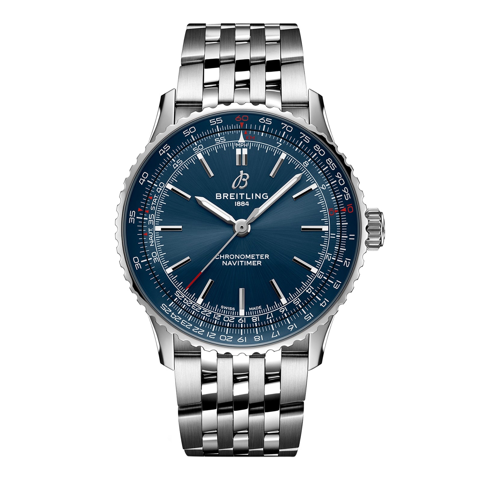 The Breitling Navitimer Automatic 41 is a stainless steel watch featuring a blue dial, silver indices, and a metal link bracelet, reflecting its aviation legacy and signature chronometer functionality.