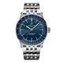 The Breitling Navitimer Automatic 41 is a stainless steel watch featuring a blue dial, silver indices, and a metal link bracelet, reflecting its aviation legacy and signature chronometer functionality.