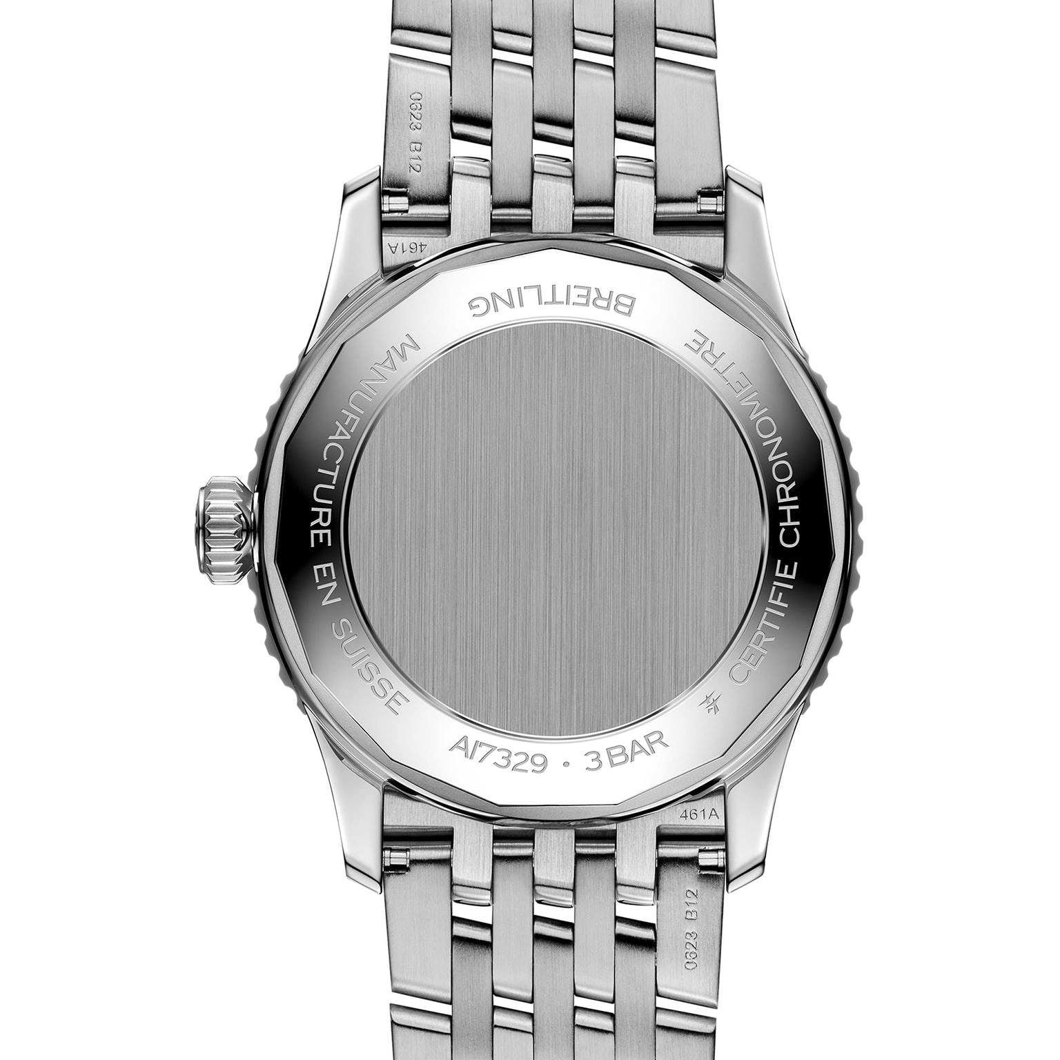 The back of the Breitling Navitimer Automatic 41 features a stainless steel case, engraved bezel, and metal bracelet, displaying its aviation legacy with detailed model number and water resistance engravings.