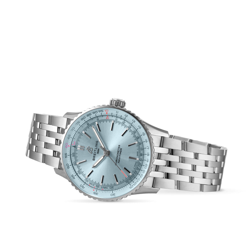 A Breitling Navitimer Automatic 41 wristwatch with a stainless steel band and ice blue dial, shown at a slight angle on a white background, highlights its iconic aviation heritage.