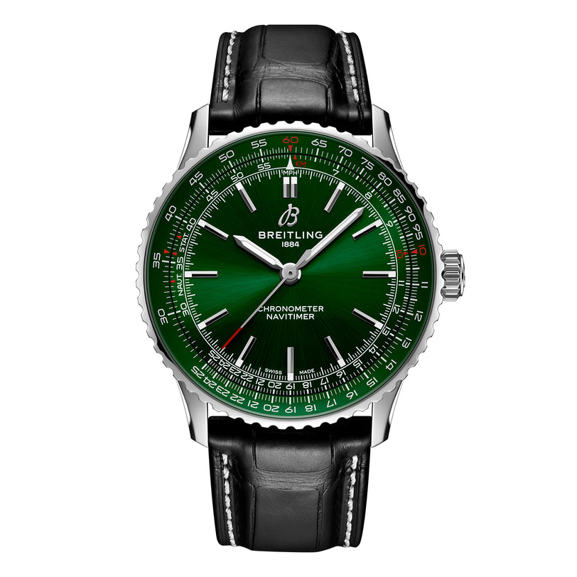 A Breitling Navitimer Automatic 41 pilot’s watch with a green dial, silver markers, and a black leather strap, pictured from the front.