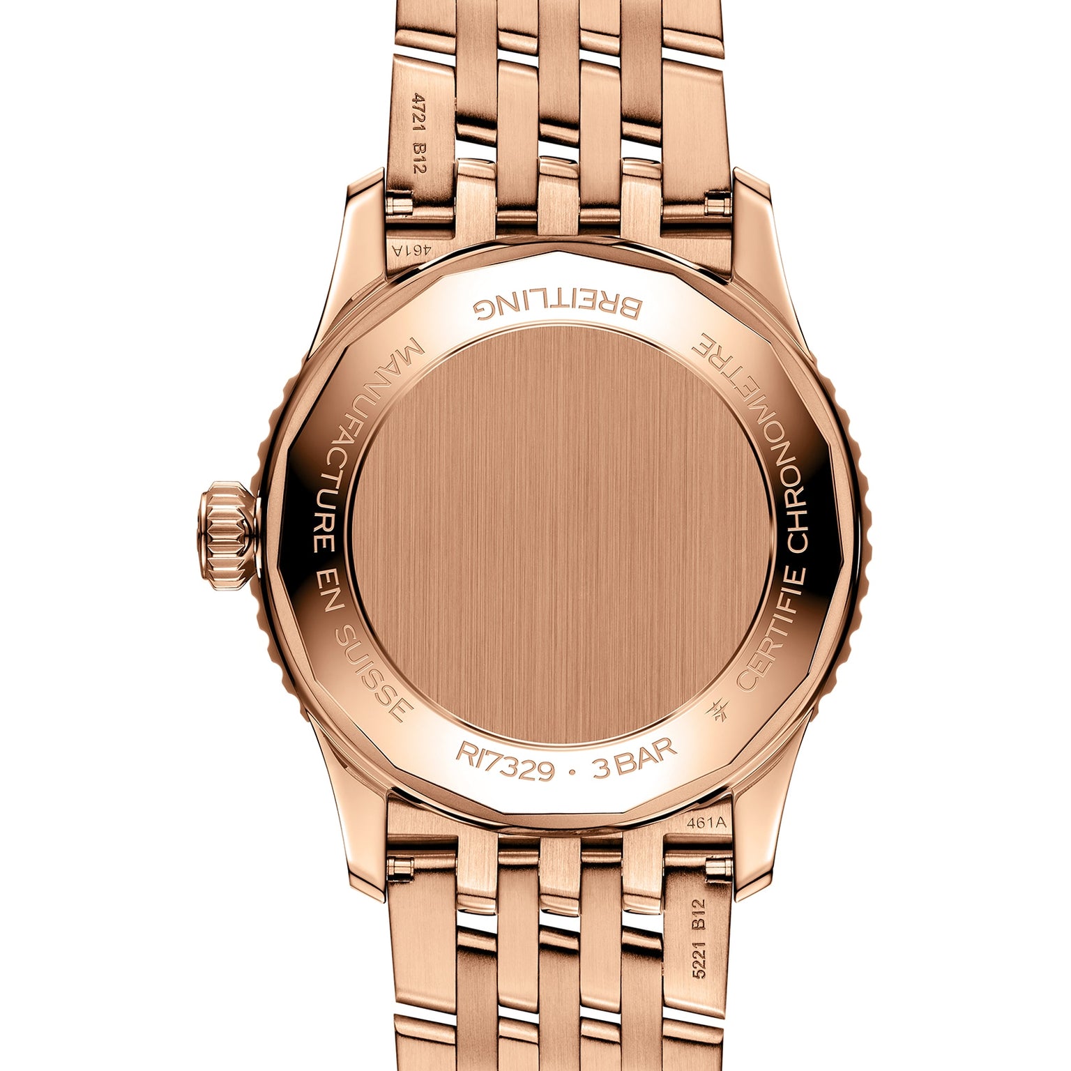 Close-up of the back of a Breitling Navitimer Automatic 41 wristwatch with a rose gold metal band, engraved text, and a blank round case back.