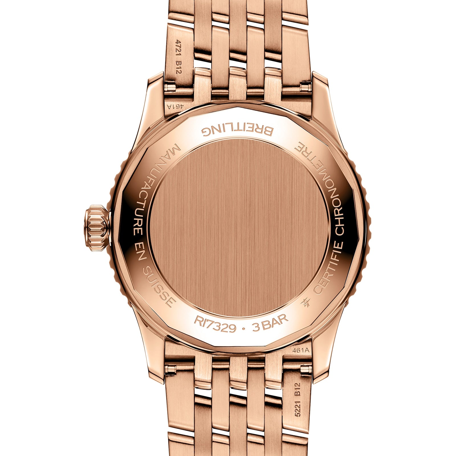 Close-up of the back of a Breitling Navitimer Automatic 41 wristwatch with a rose gold metal band, engraved text, and a blank round case back.