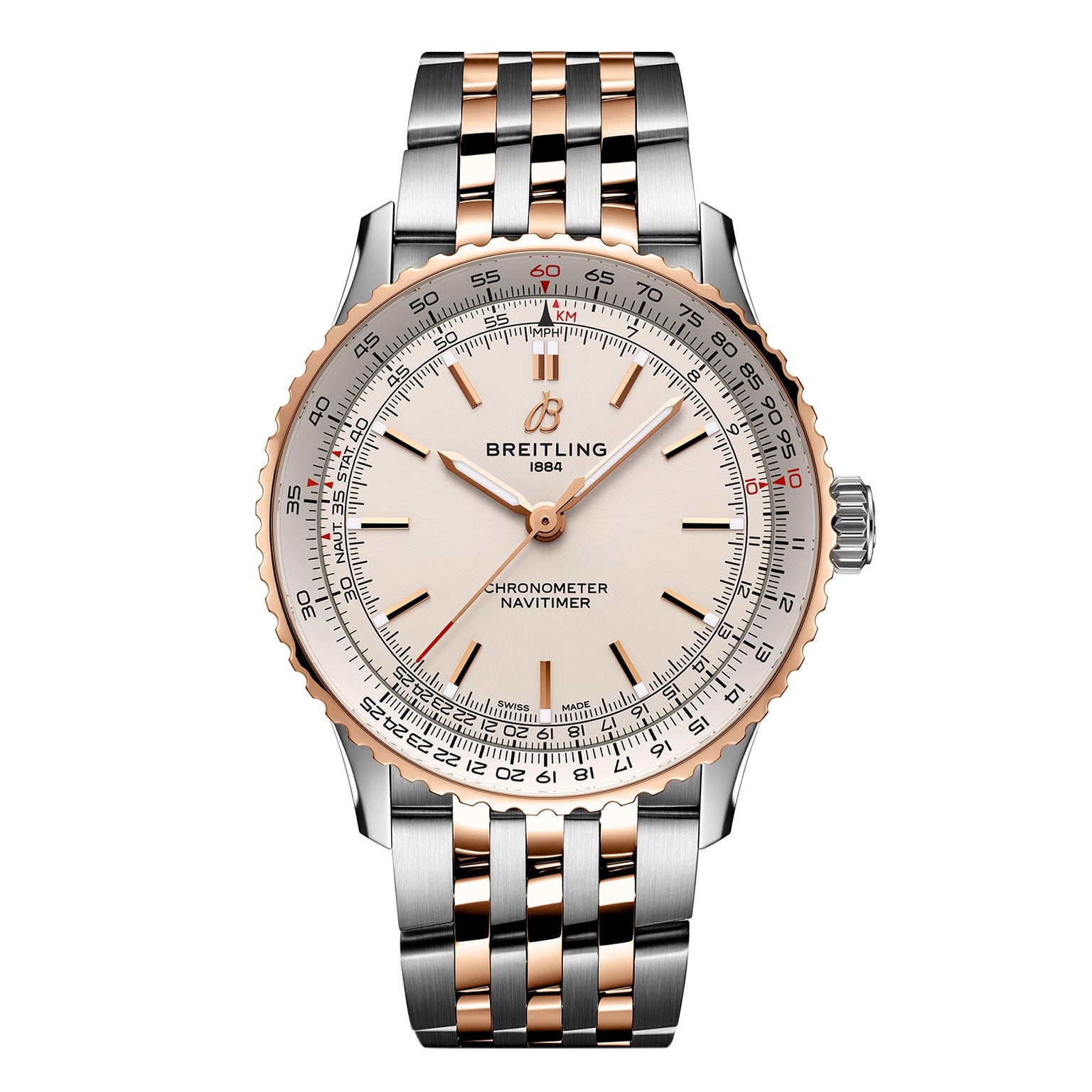 The Breitling Navitimer Automatic 41 features a silver and rose gold metal band, cream dial, multiple scale markings on the bezel, and is powered by the precise Breitling Calibre 17 movement.