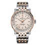 The Breitling Navitimer Automatic 41 features a silver and rose gold metal band, cream dial, multiple scale markings on the bezel, and is powered by the precise Breitling Calibre 17 movement.