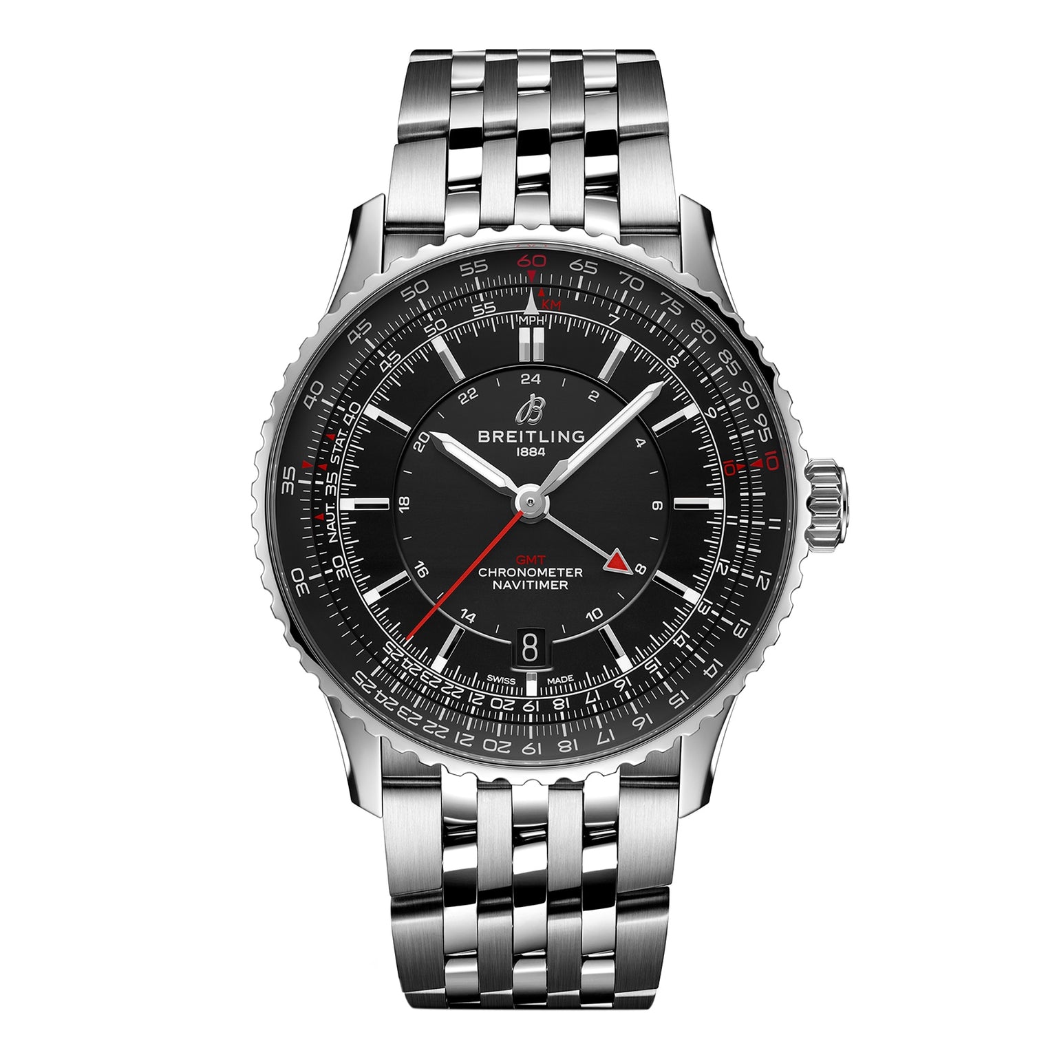 The Breitling Navitimer Automatic GMT 41 is an iconic pilot’s watch with a black dial, multiple scales, date display, and powered by the Breitling Calibre 32 on a stainless steel bracelet.