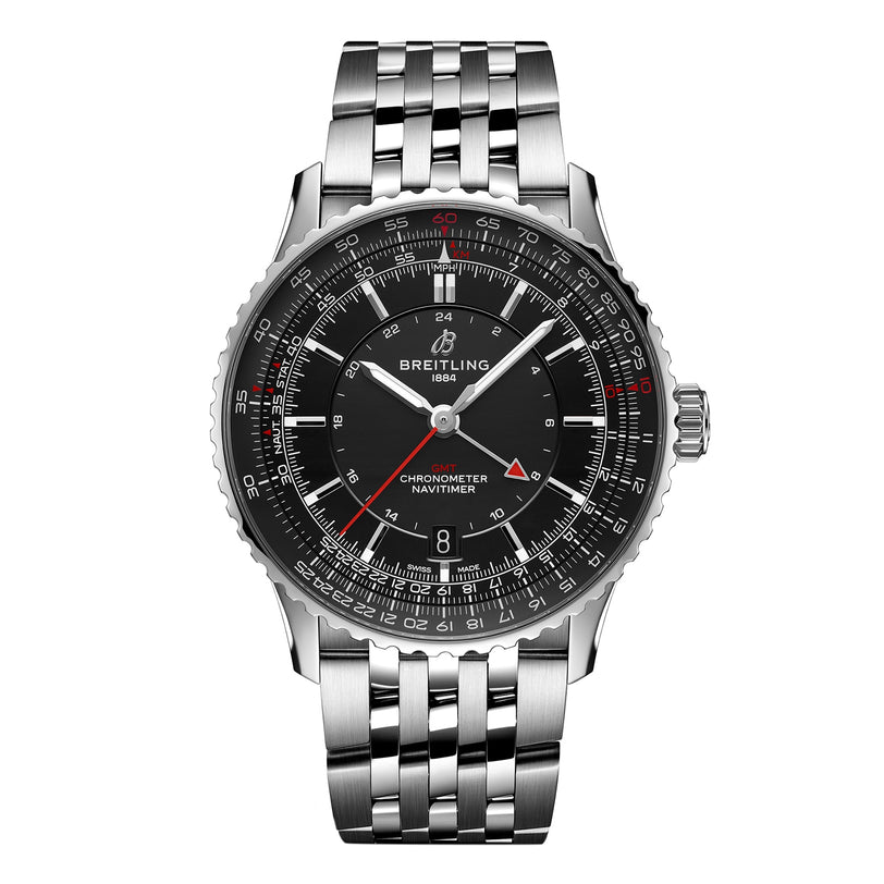 The Breitling Navitimer Automatic GMT 41 is an iconic pilot’s watch with a black dial, multiple scales, date display, and powered by the Breitling Calibre 32 on a stainless steel bracelet.