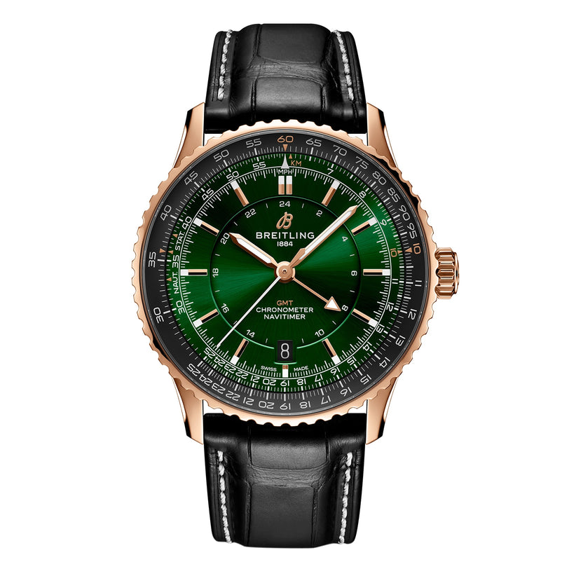 The Breitling Navitimer Automatic GMT 41 features a green gradient dial, rose gold case, black bezel, and black leather strap with gold hands and white accents. It is powered by the precise Breitling 32 calibre movement.