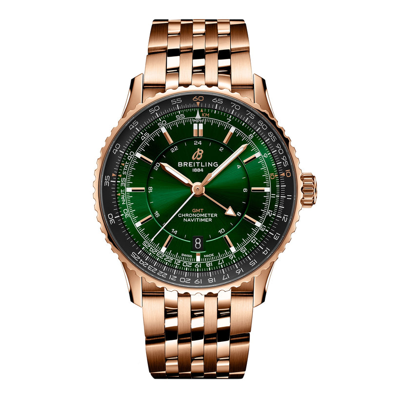 The Breitling Navitimer Automatic GMT 41 features a rose gold case, green gradient dial, gold hour markers and hands, a date window at six o’clock, and a matching gold link bracelet.