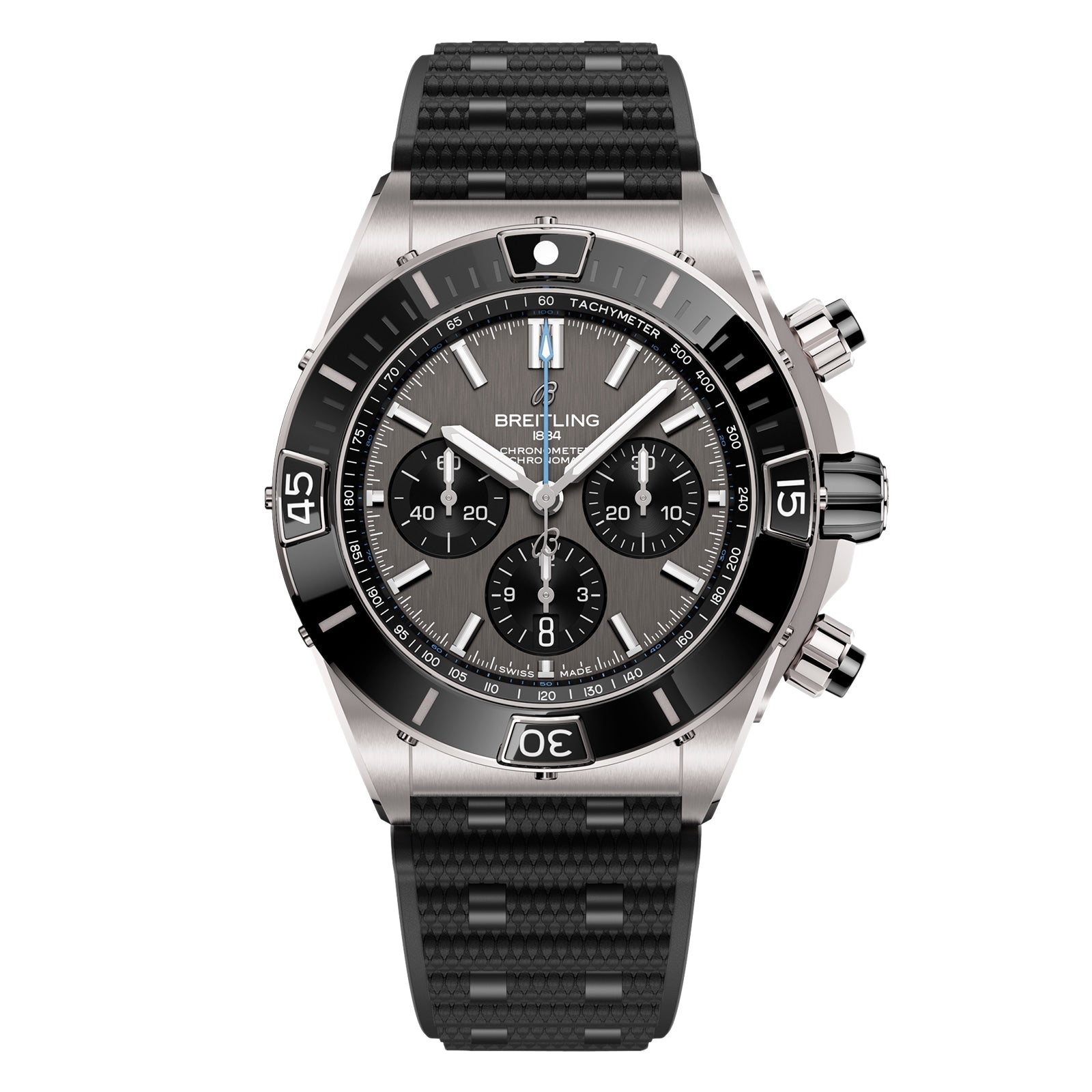 The Breitling Super Chronomat B01 44 is a stainless steel chronograph watch with a black bezel, black textured strap, three subdials, and tachymeter function for precise timekeeping.