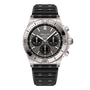 The Breitling Chronomat B01 42 is a stainless steel chronograph watch with a black textured strap, black dial, three subdials, tachymeter bezel, and features the precision of the Breitling 01 calibre.