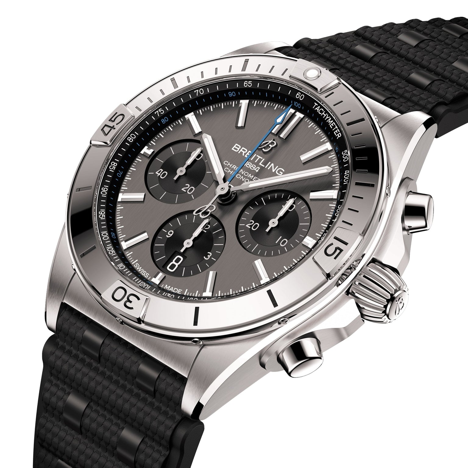 The Breitling Chronomat B01 42 is a stainless steel chronograph watch featuring a black textured rubber strap, three subdials, date display, silver hour markers, and the Breitling 01 calibre movement.