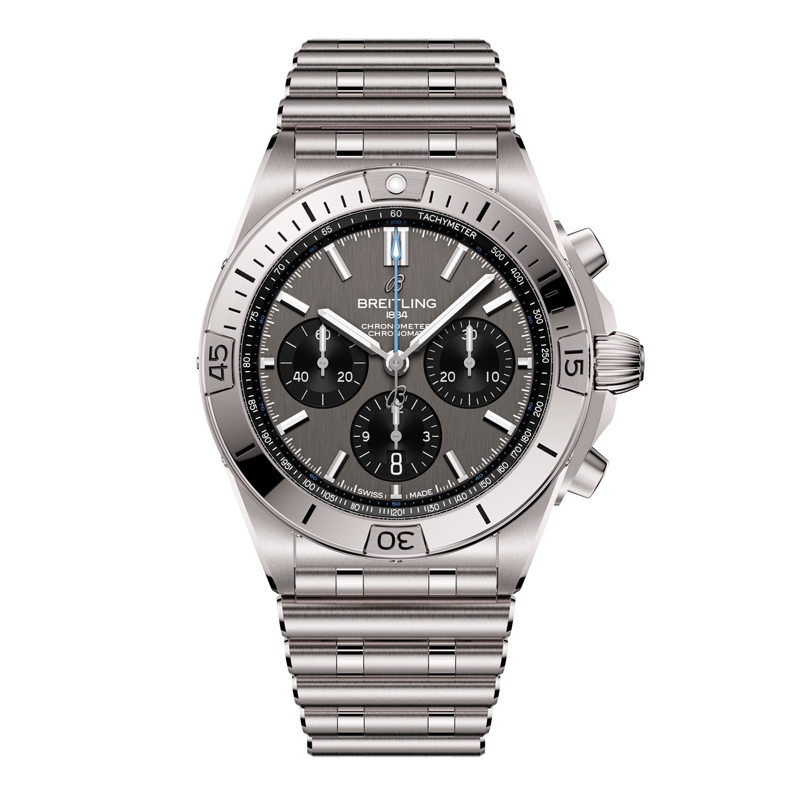 The Breitling Chronomat B01 42 is a stainless steel chronograph featuring a silver bracelet, black dial with three subdials, tachymeter bezel, and the precise Breitling 01 calibre.
