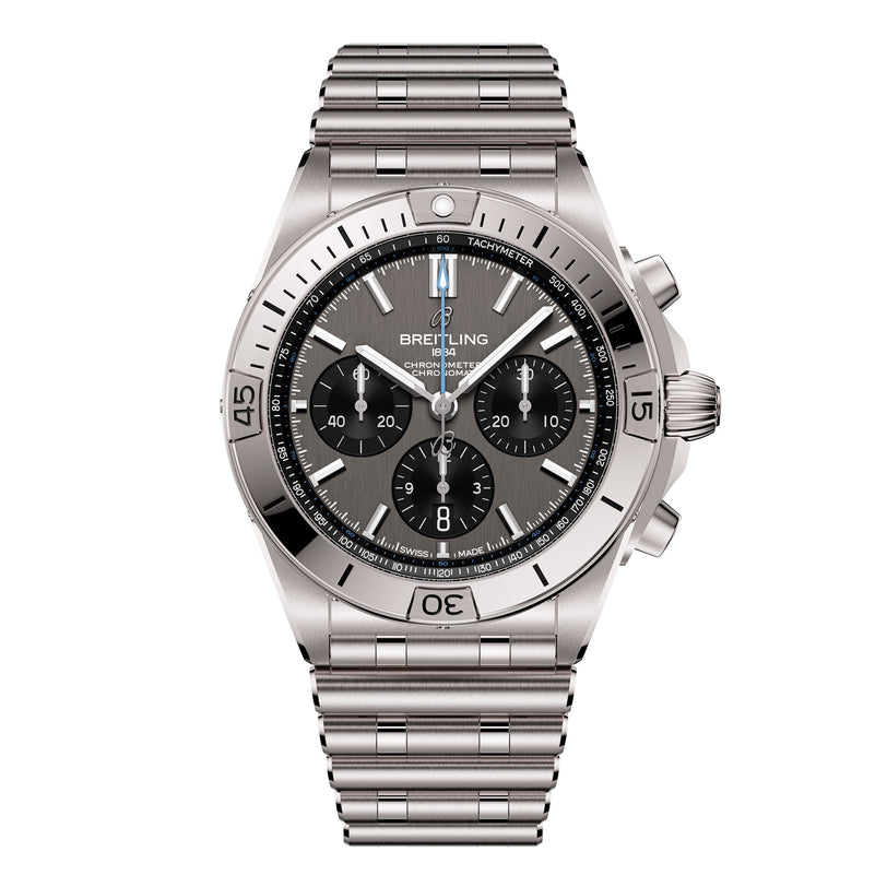 The Breitling Chronomat B01 42 is a stainless steel chronograph featuring a silver bracelet, black dial with three subdials, tachymeter bezel, and the precise Breitling 01 calibre.