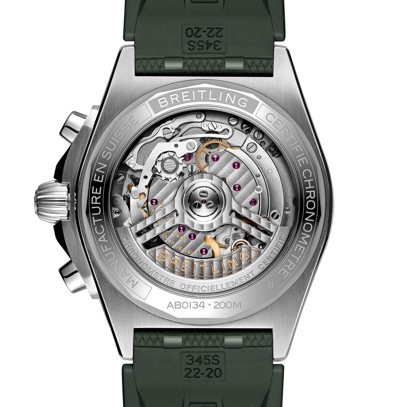 Close-up of the Breitling Chronomat B01 42’s back reveals its mechanical movement through a transparent case back, detailed engravings, and a green rubber strap.
