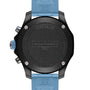 The back view of the Breitling Endurance Pro 38 highlights its ultra-light Breitlight case, blue strap, and engraved details such as Endurance Pro, Breitling, and 100M.