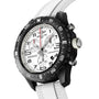 Close-up of the Breitling Endurance Pro 38 The Watches Of Switzerland Group Exclusive, featuring a white strap, black bezel, and white dial with chronograph subdials and black numerals. Chronometer-certified movement included.