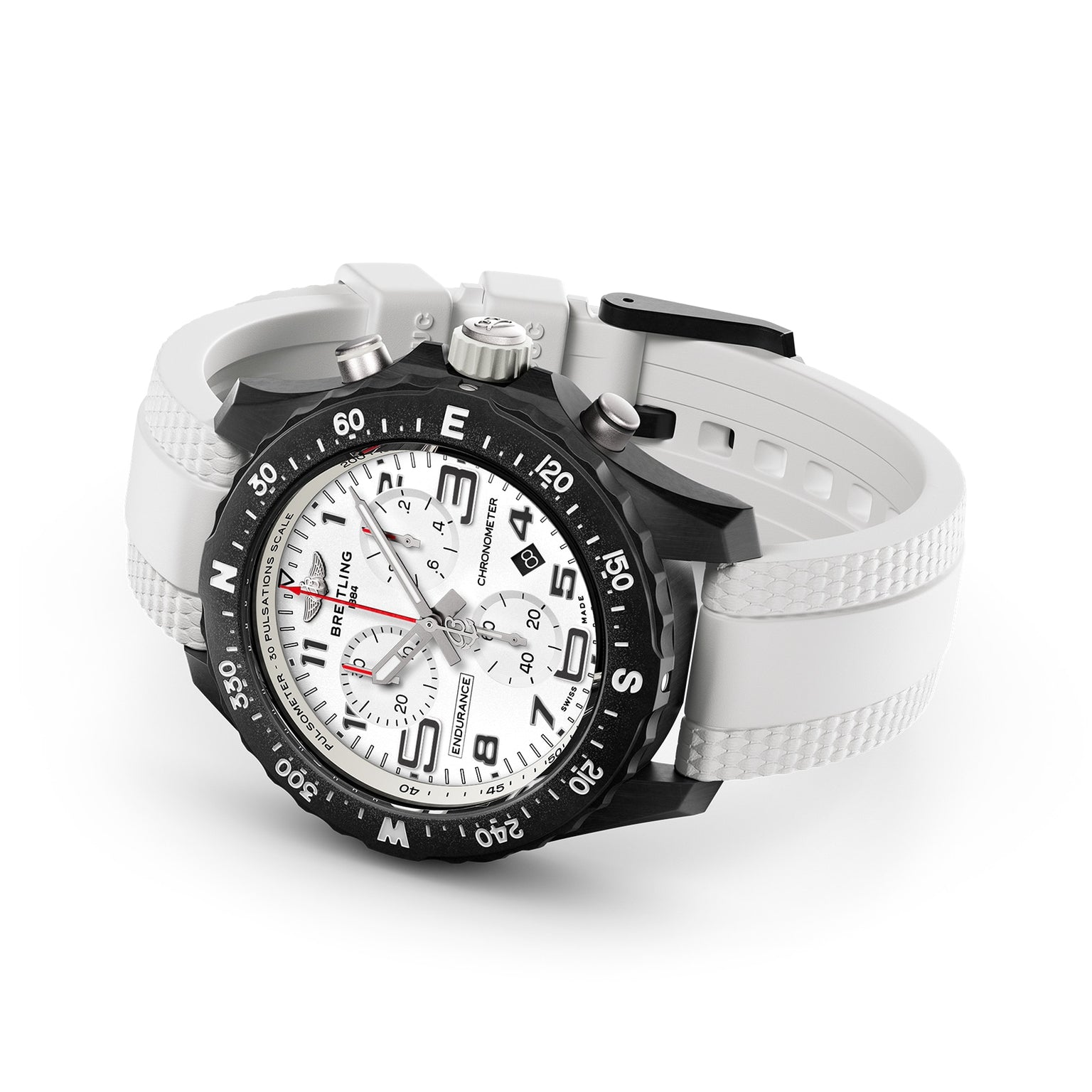 The Breitling Endurance Pro 38 The Watches Of Switzerland Group Exclusive features a black bezel, white textured strap, analog display with time, date, chronograph subdials, and boasts a chronometer-certified movement.