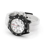 The Breitling Endurance Pro 38 The Watches Of Switzerland Group Exclusive features a black bezel, white textured strap, analog display with time, date, chronograph subdials, and boasts a chronometer-certified movement.