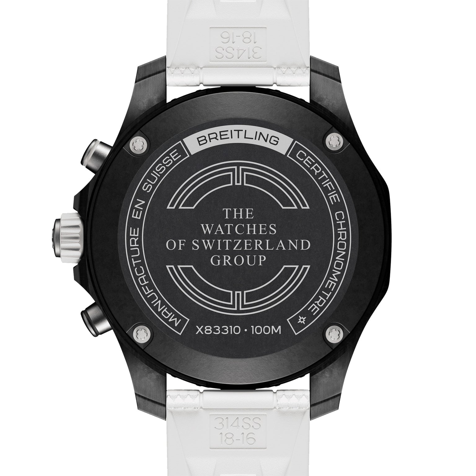 Back view of the Breitling Endurance Pro 38 The Watches Of Switzerland Group Exclusive shows engravings including The Watches of Switzerland Group, 100M water resistance, and chronometer-certified movement/model details.