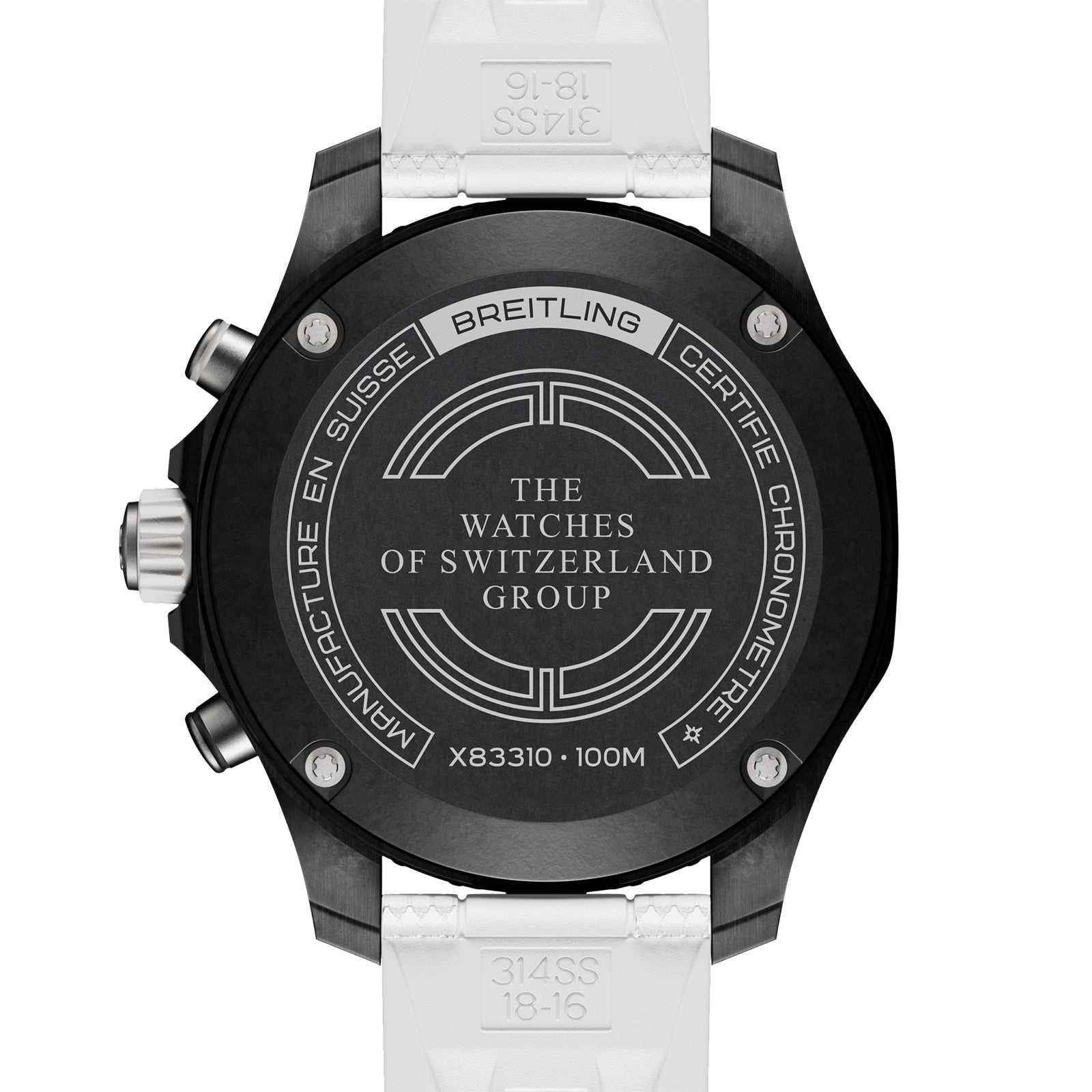 Back view of the Breitling Endurance Pro 38 The Watches Of Switzerland Group Exclusive shows engravings including The Watches of Switzerland Group, 100M water resistance, and chronometer-certified movement/model details.