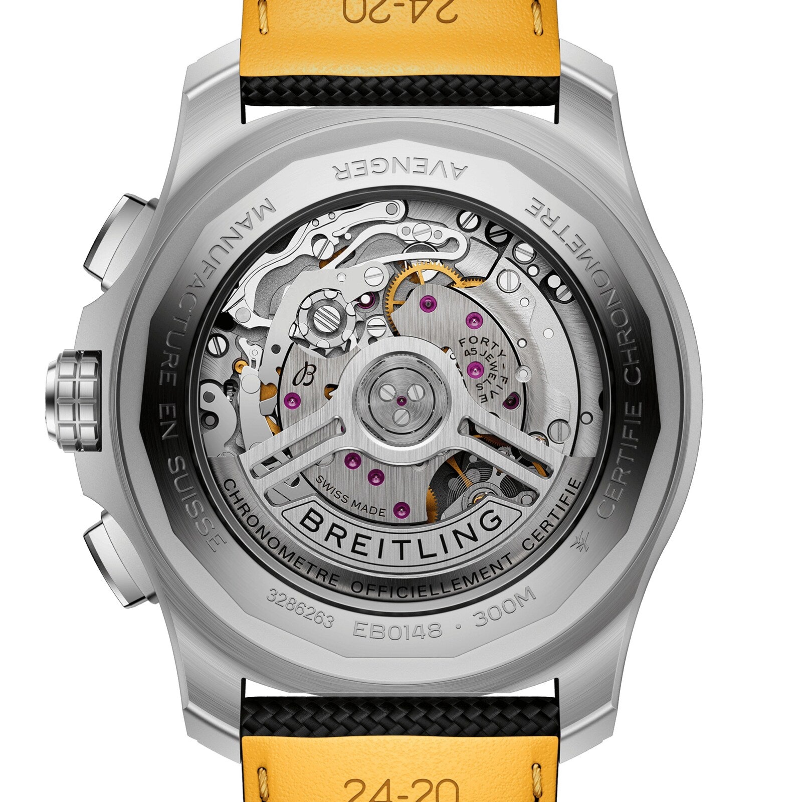Close-up of the back of the Breitling Super Avenger B01 Chronograph 46, highlighting its exposed automatic movement with visible gears, engraved details, and a bold yellow and black aviation-style strap.