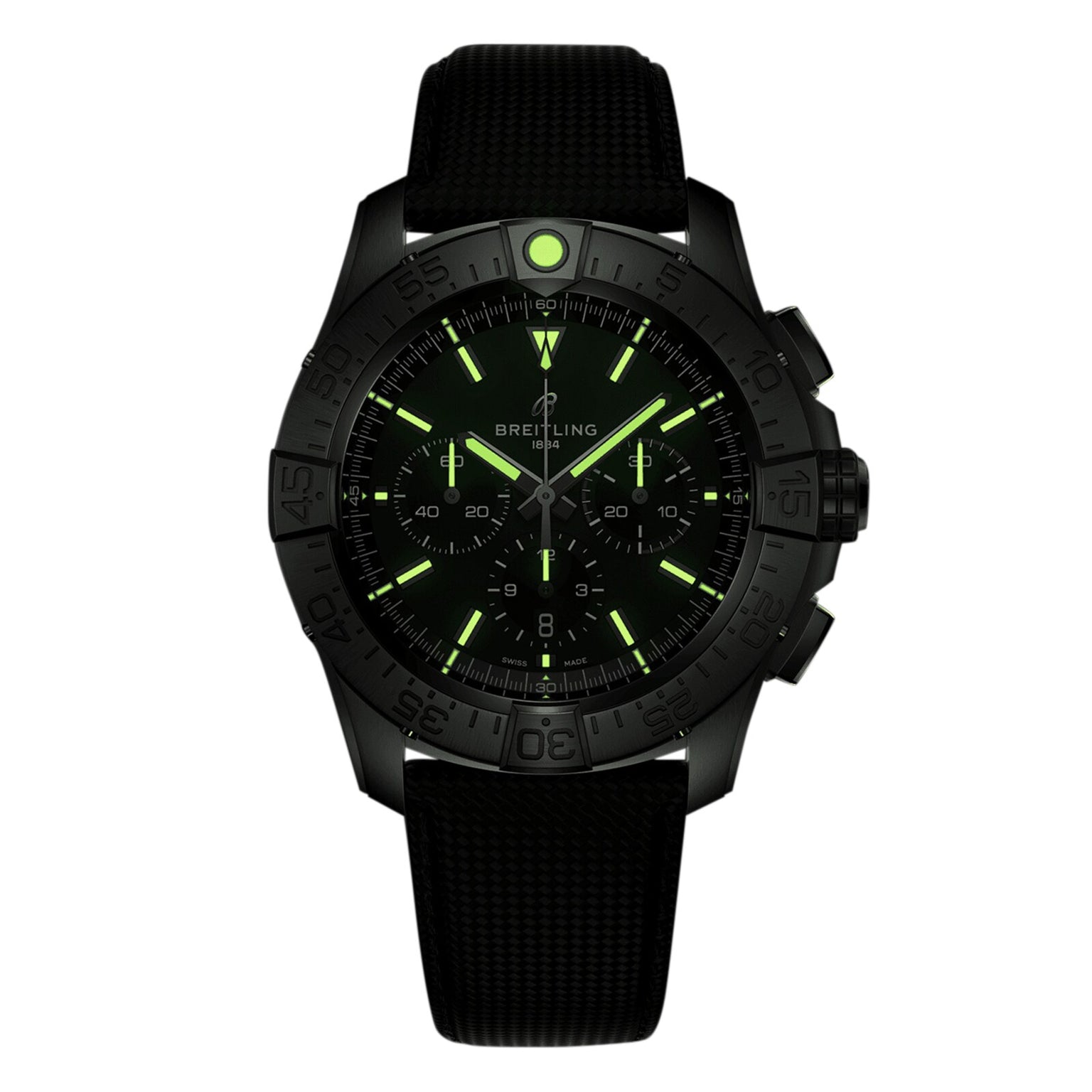 The Breitling Super Avenger B01 Chronograph 46 features a black dial with luminescent markers, chronograph subdials, black bezel, and a textured black strap that reflects the brand’s signature aviation style.