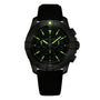 The Breitling Super Avenger B01 Chronograph 46 features a black dial with luminescent markers, chronograph subdials, black bezel, and a textured black strap that reflects the brand’s signature aviation style.